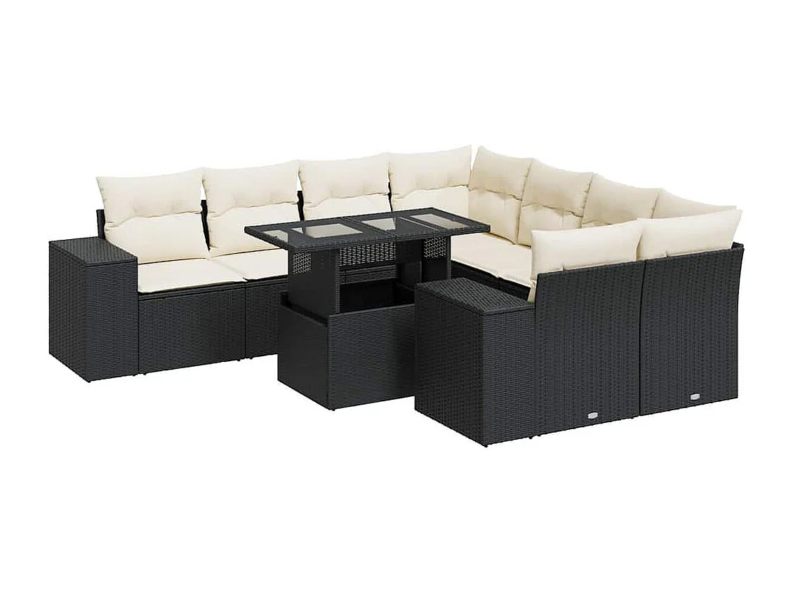 Set Divani da Giardino 9 pz con Cuscini Nero in Polyrattan