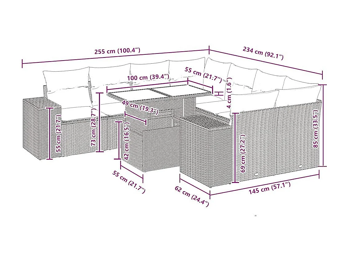 9 pcs conjunto de sofás p/ jardim c/ almofadões vime PE preto