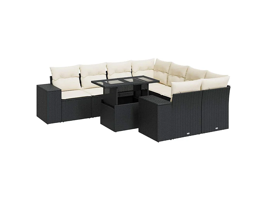 9-tlg. Garten-Sofagarnitur mit Kissen Schwarz Poly Rattan