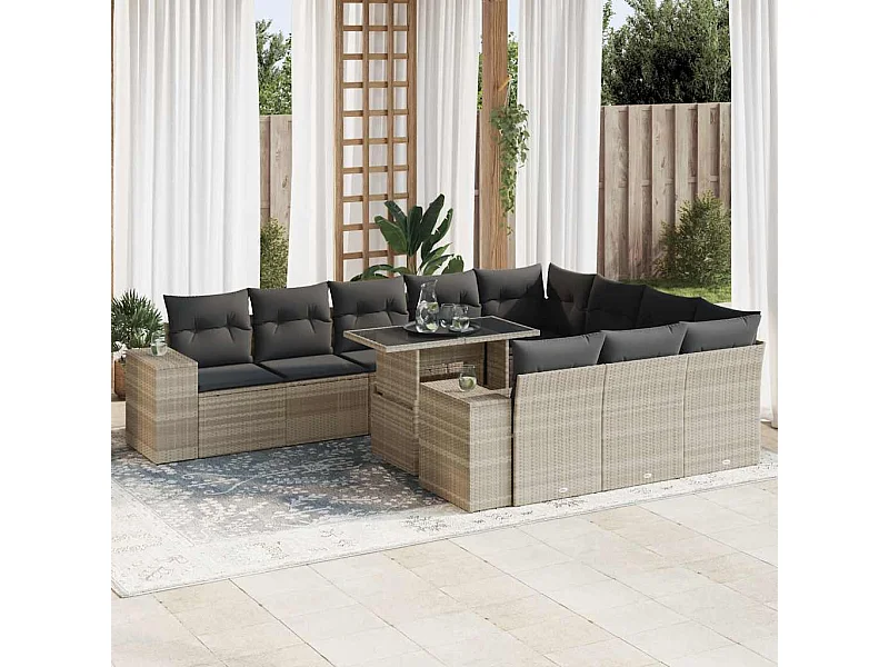 11-tlg. Garten-Sofagarnitur mit Kissen Hellgrau Poly Rattan