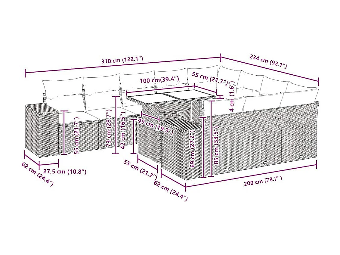 Salon de jardin 11 pcs avec coussins gris clair résine tressée