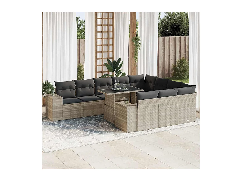 Salon de jardin 11 pcs avec coussins gris clair résine tressée