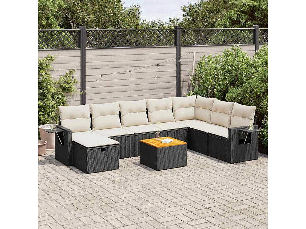Set Divani da Giardino 9 pz con Cuscini Nero in Polyrattan