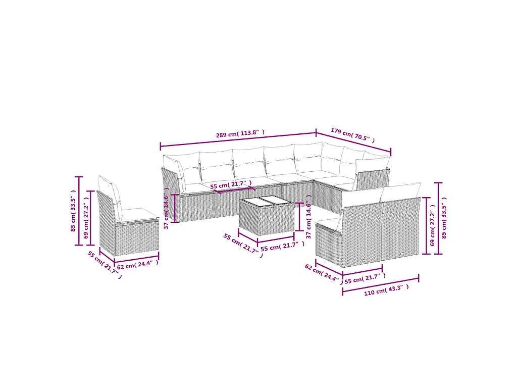 11-delige Loungeset met kussens poly rattan bruin