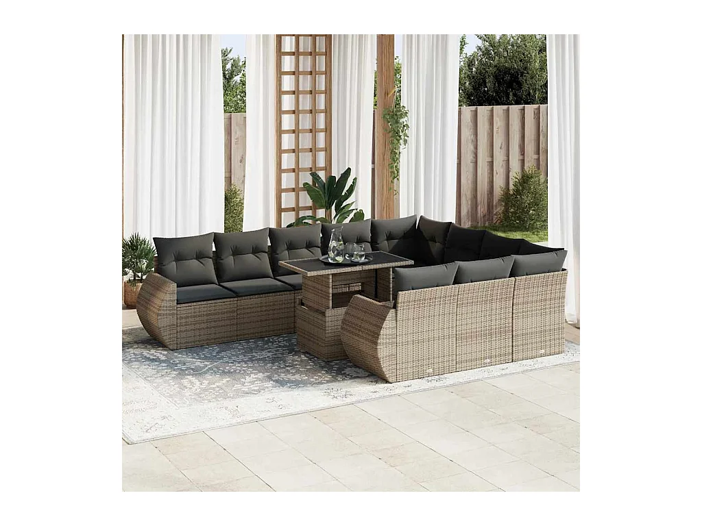 11-tlg. Garten-Sofagarnitur mit Kissen Grau Poly Rattan