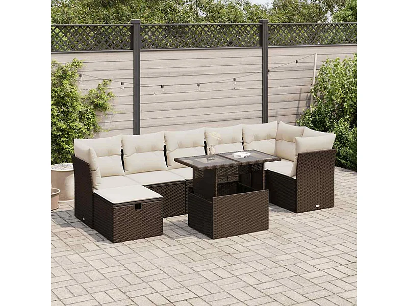 Salon de jardin 8 pcs avec coussins marron résine tressée