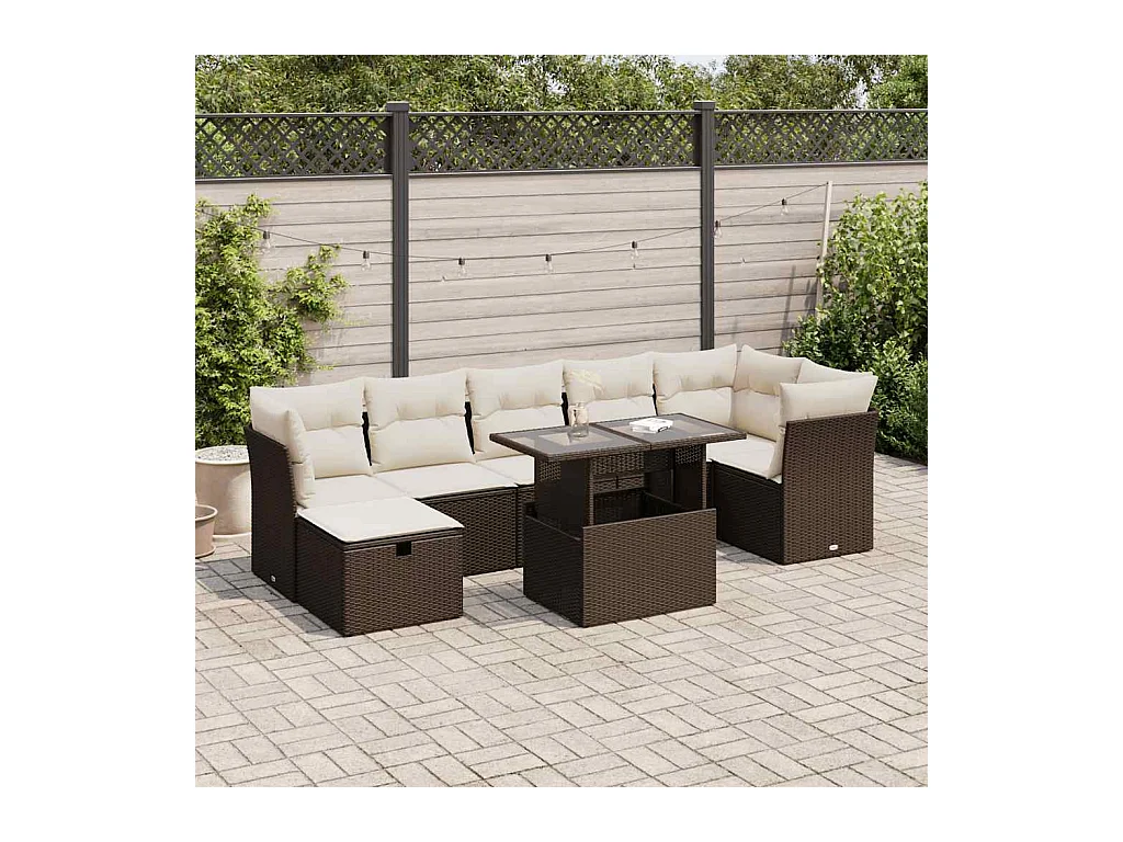 8-delige Loungeset met kussens poly rattan bruin