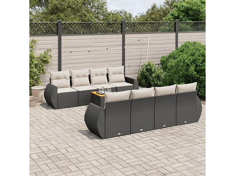 Salon de jardin 9 pcs avec coussins noir résine tressée