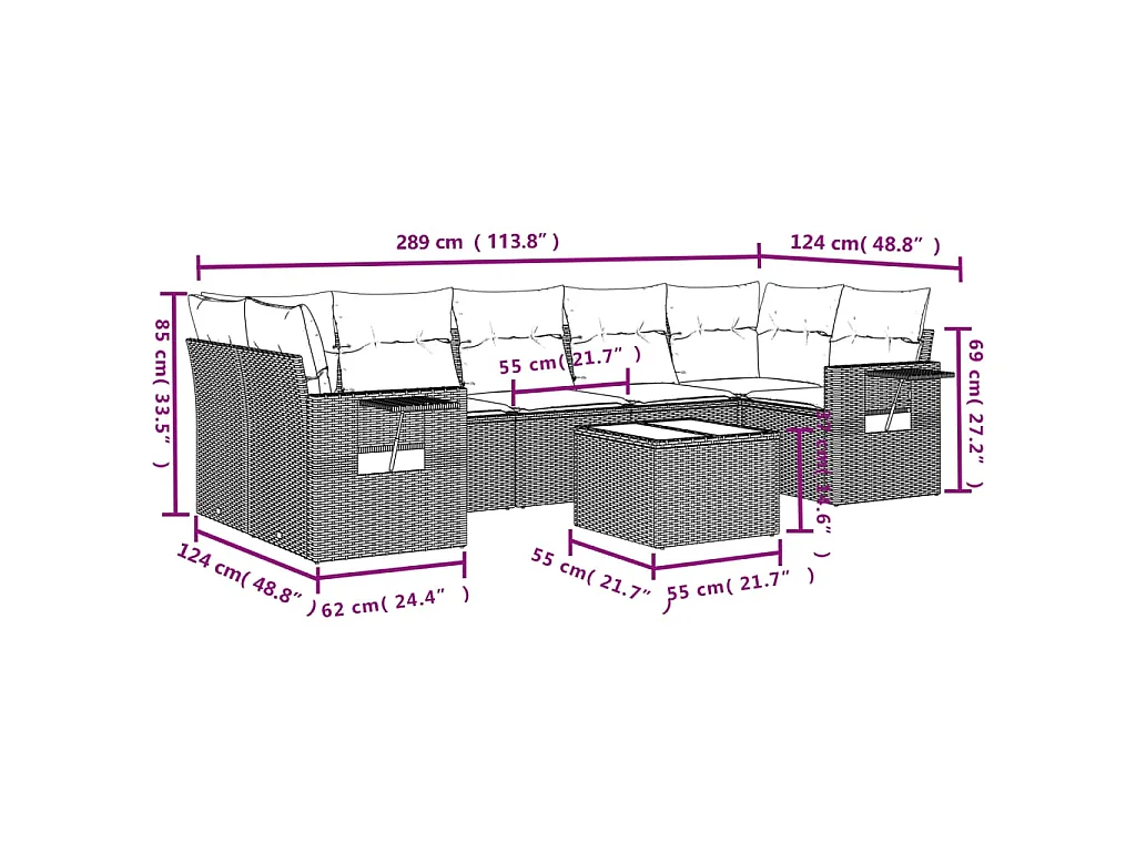 8-delige Loungeset met kussens poly rattan bruin