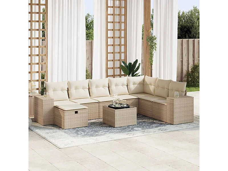 Salon de jardin avec coussins 9 pcs beige résine tressée