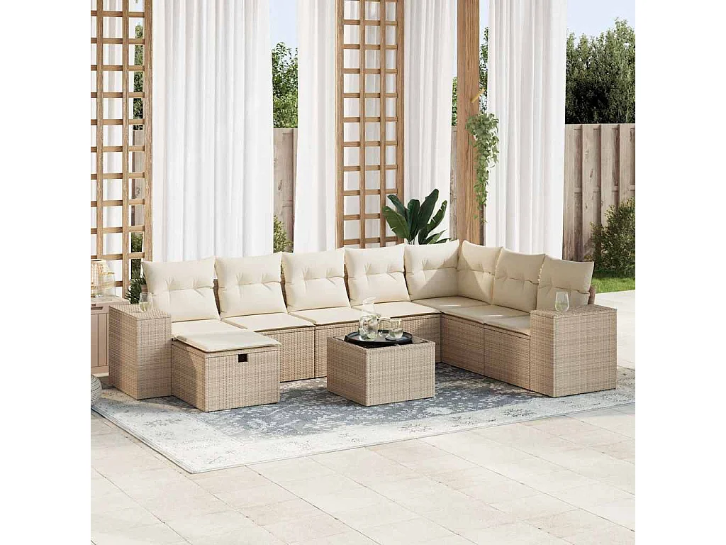 Salon de jardin avec coussins 9 pcs beige résine tressée