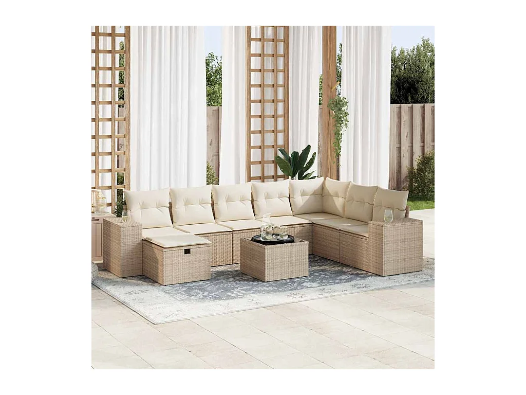 Salon de jardin avec coussins 9 pcs beige résine tressée