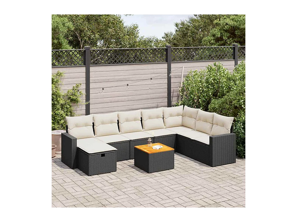 Set de sofás de jardín con cojines 9 pzas ratán sintético negro