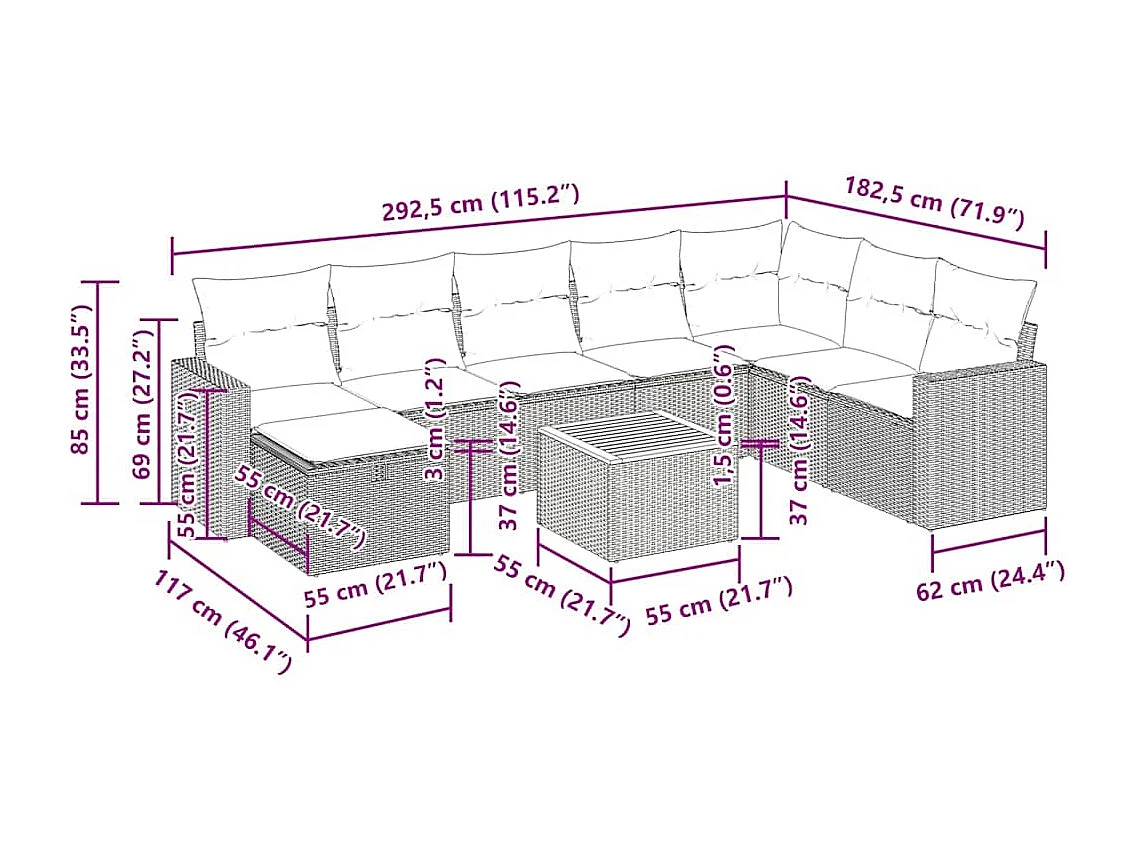 Salon de jardin 9 pcs avec coussins noir résine tressée