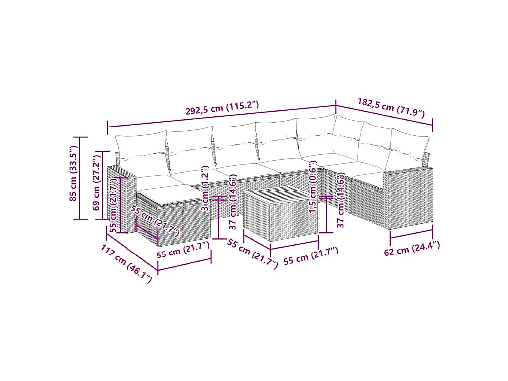 9-tlg. Garten-Sofagarnitur mit Kissen Schwarz Poly Rattan