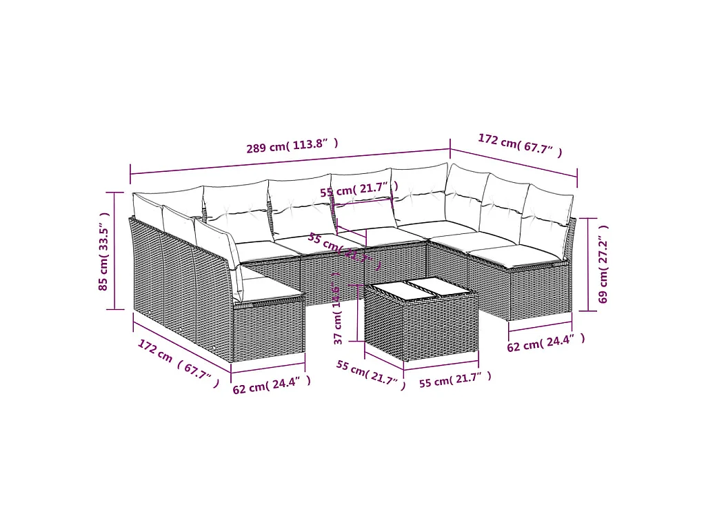 10-delige Loungeset met kussens poly rattan bruin