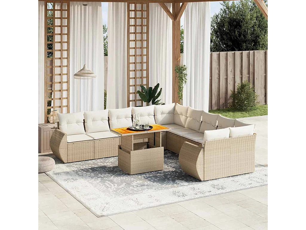 Salon de jardin 11 pcs avec coussins beige résine tressée