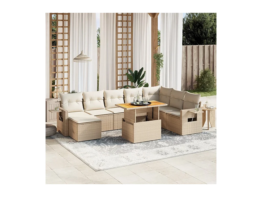 Salon de jardin avec coussins 9 pcs beige résine tressée