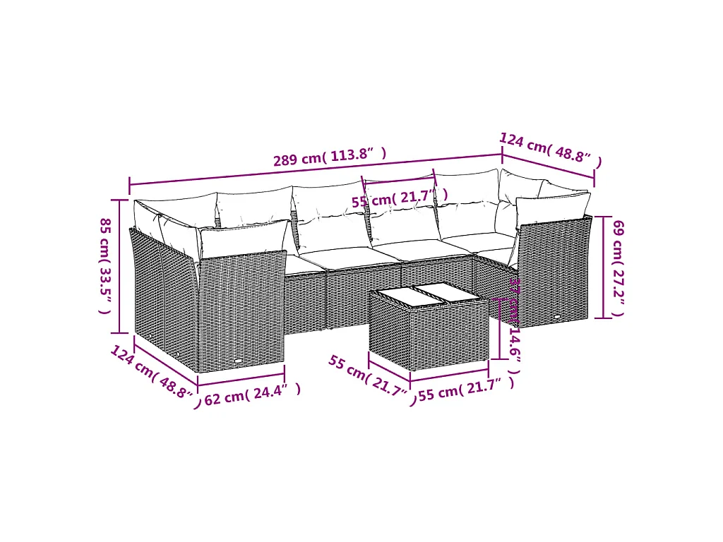 Salon de jardin 8 pcs avec coussins marron résine tressée