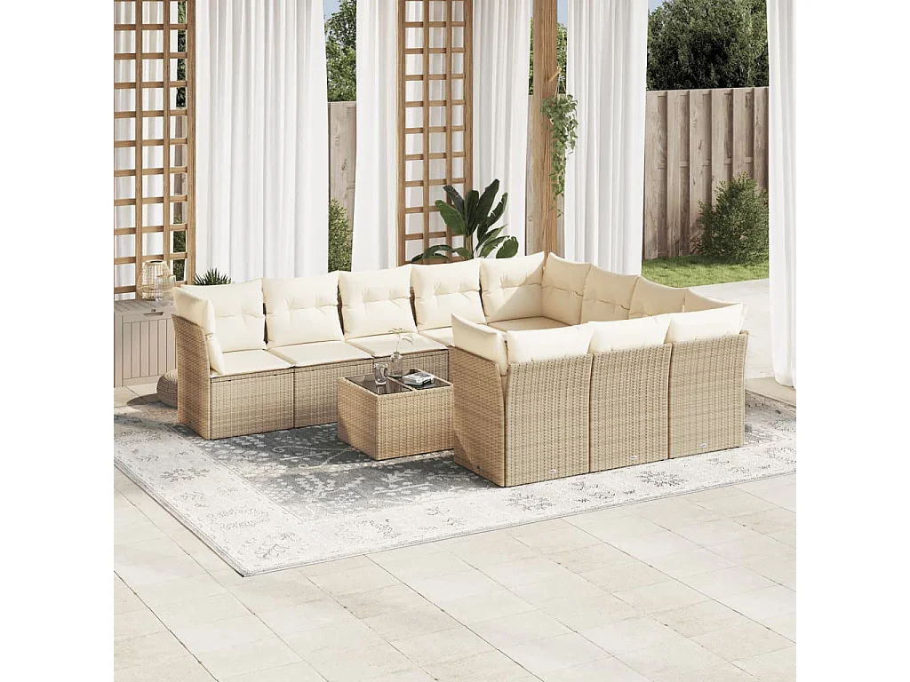 11-tlg. Garten-Sofagarnitur mit Kissen Beige Poly Rattan