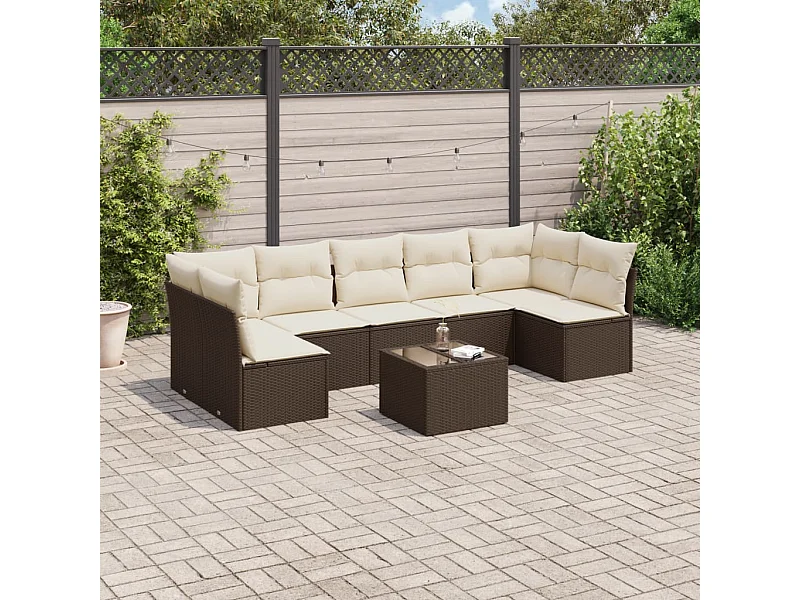 Salon de jardin 8 pcs avec coussins marron résine tressée