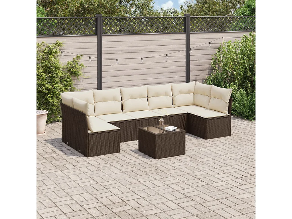 Salon de jardin 8 pcs avec coussins marron résine tressée