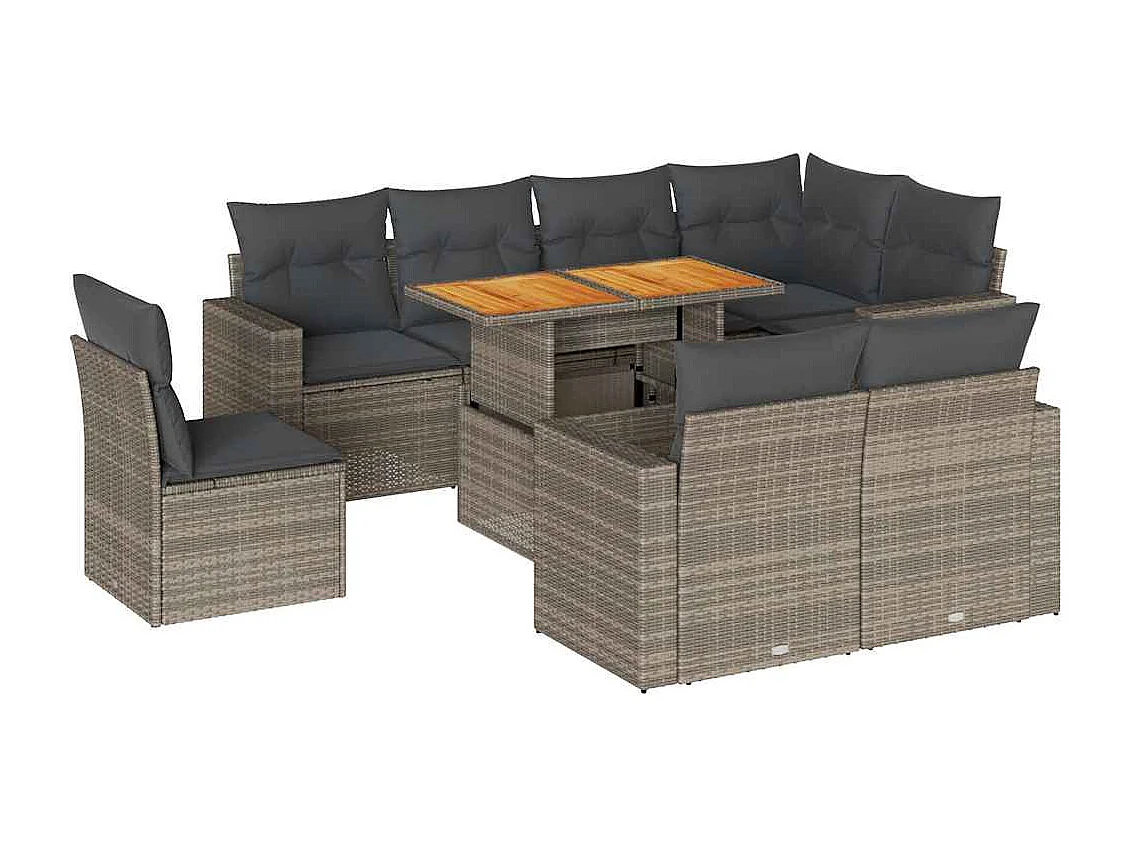 9-tlg. Garten-Sofagarnitur mit Kissen Grau Poly Rattan
