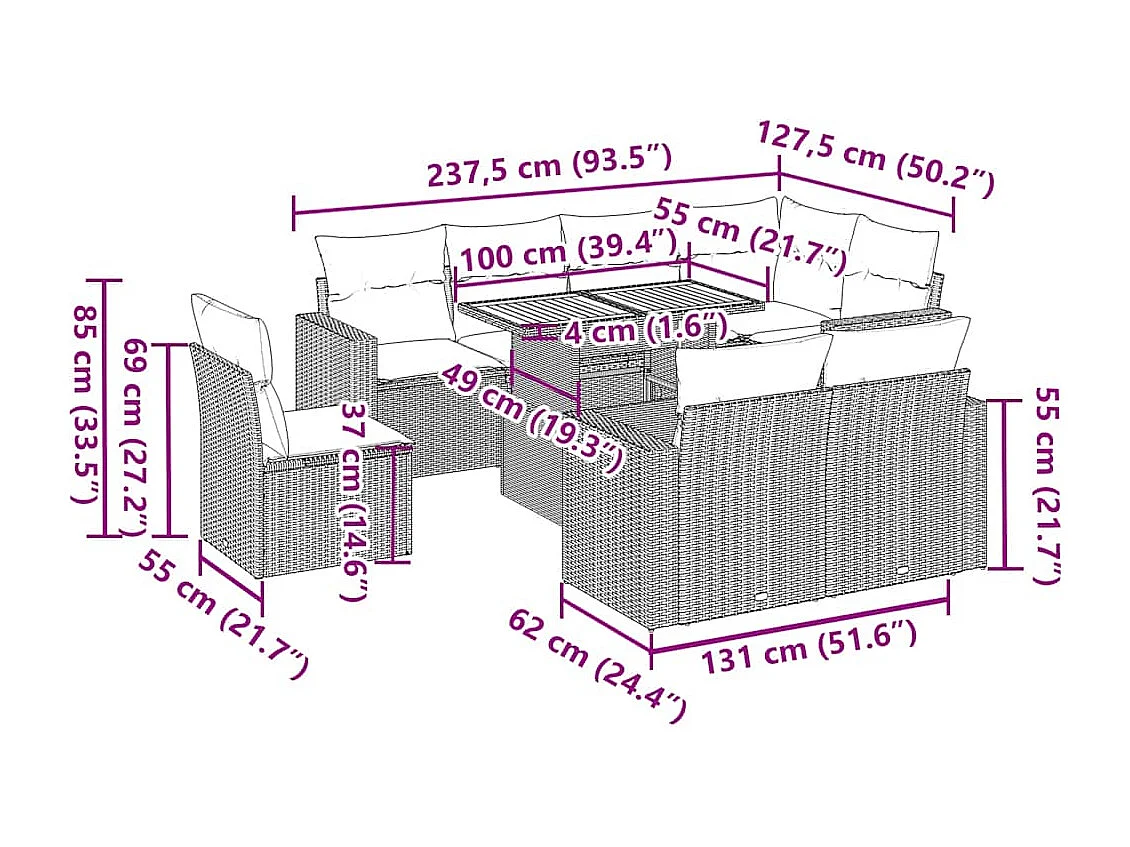 9-tlg. Garten-Sofagarnitur mit Kissen Grau Poly Rattan