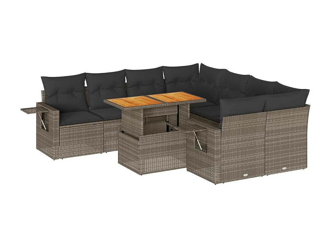 Salon de jardin 9 pcs avec coussins gris résine tressée