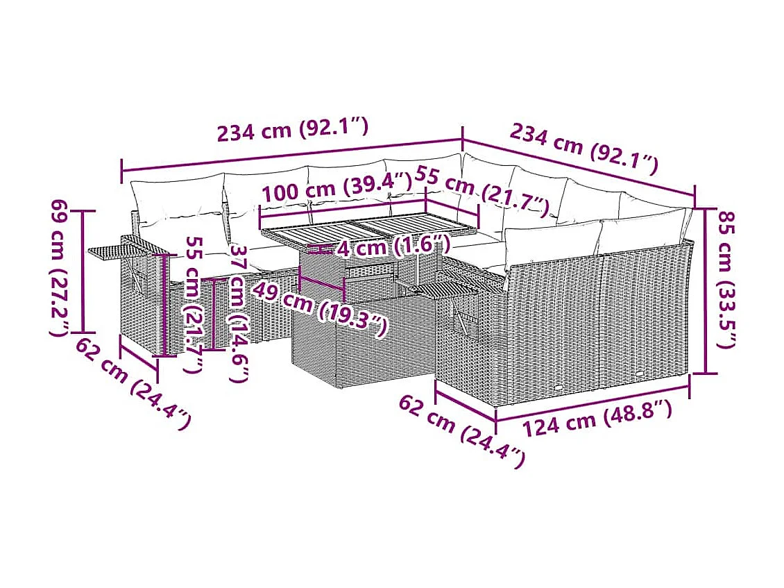 Salon de jardin 9 pcs avec coussins gris résine tressée