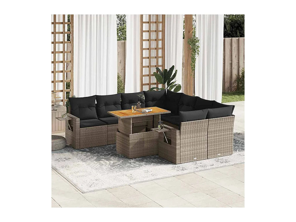 Salon de jardin 9 pcs avec coussins gris résine tressée