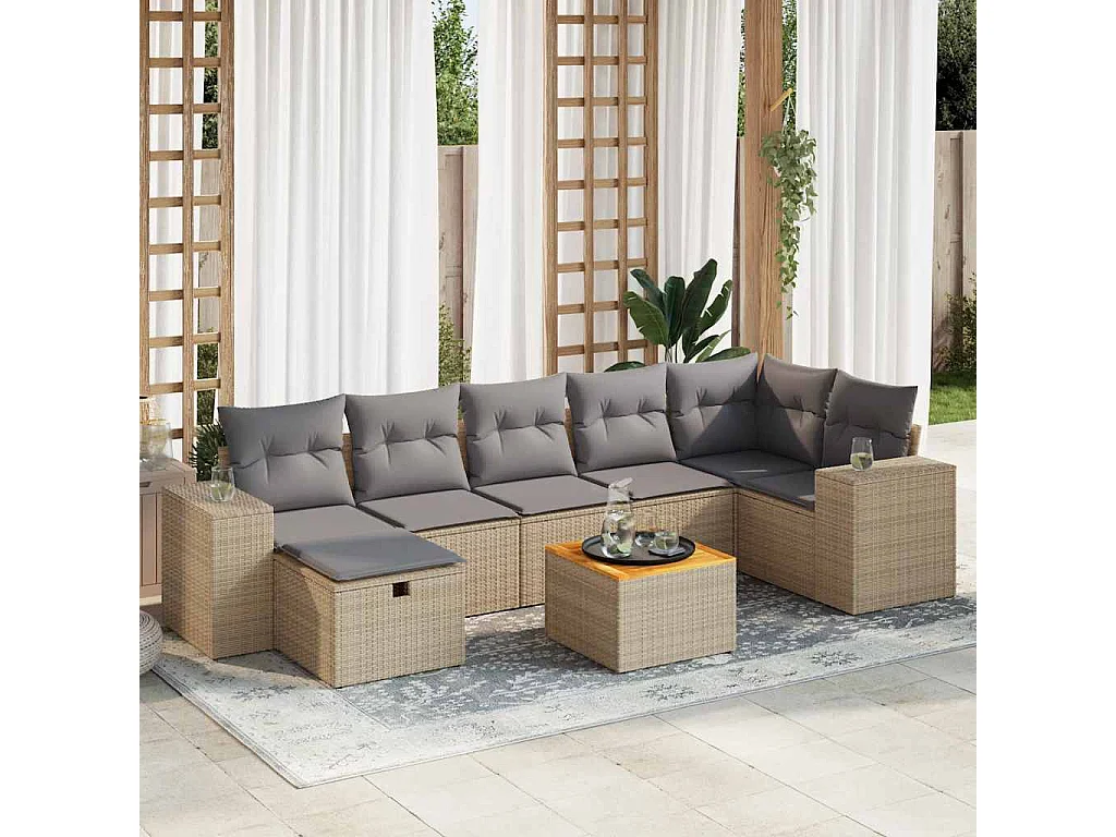 Set Divano da Giardino 8 pz con Cuscini Beige in Polyrattan