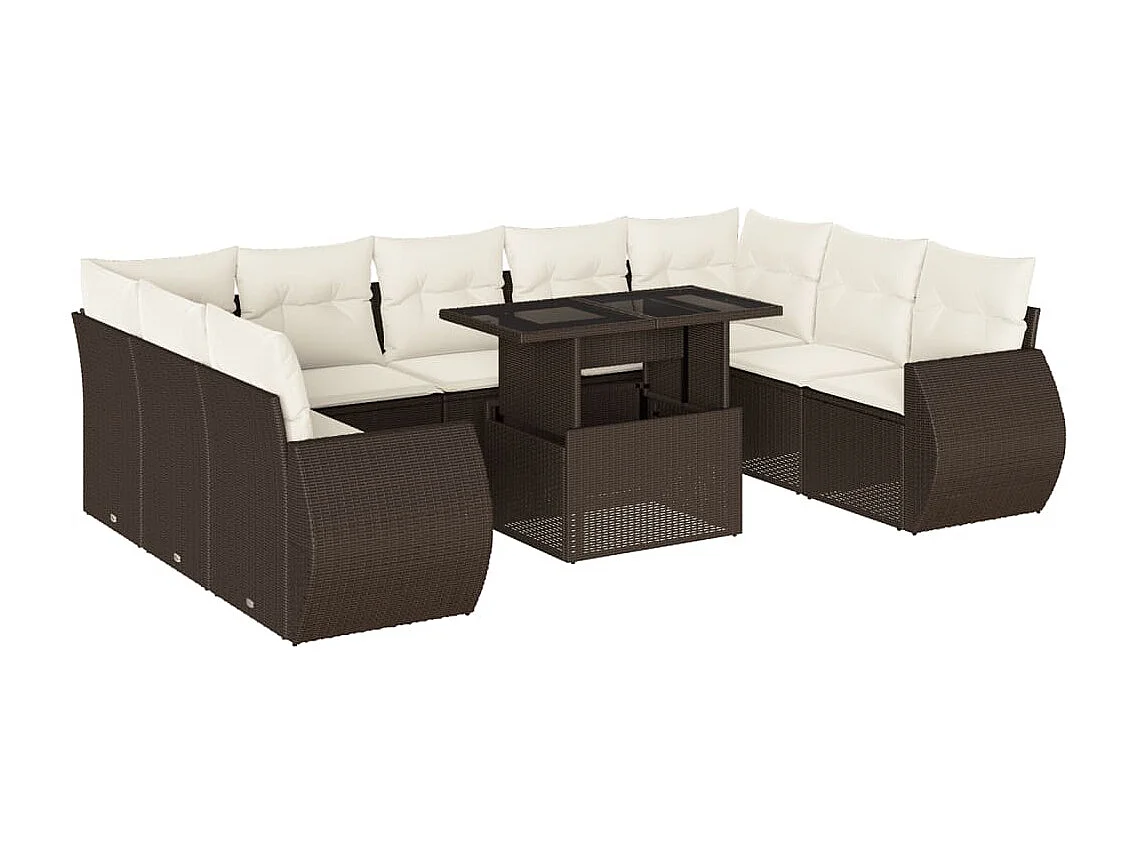 10-tlg. Garten-Sofagarnitur mit Kissen Braun Poly Rattan