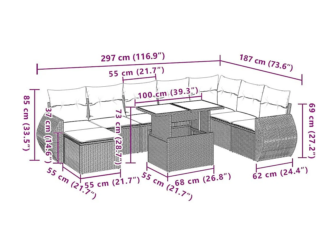 10-tlg. Garten-Sofagarnitur mit Kissen Braun Poly Rattan