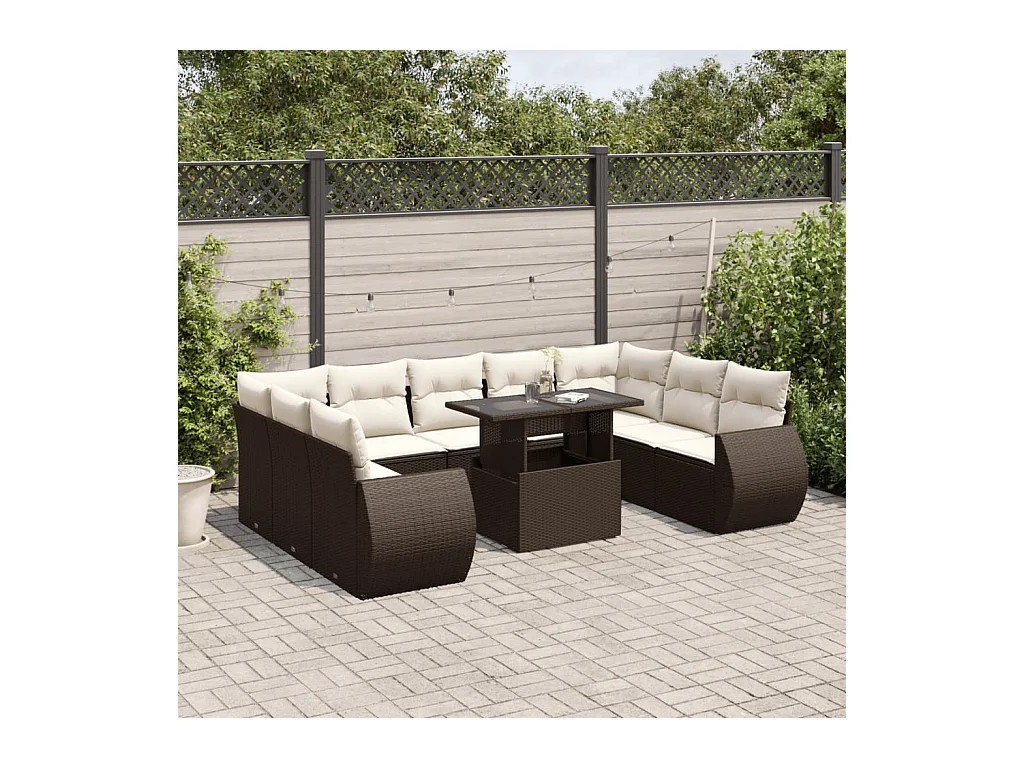 Salon de jardin 10 pcs avec coussins marron résine tressée