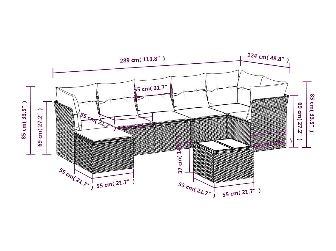 Set sofás de jardín 8 piezas y cojines ratán sintético marrón