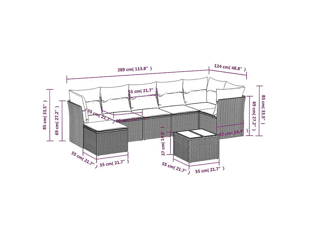 8-delige Loungeset met kussens poly rattan bruin