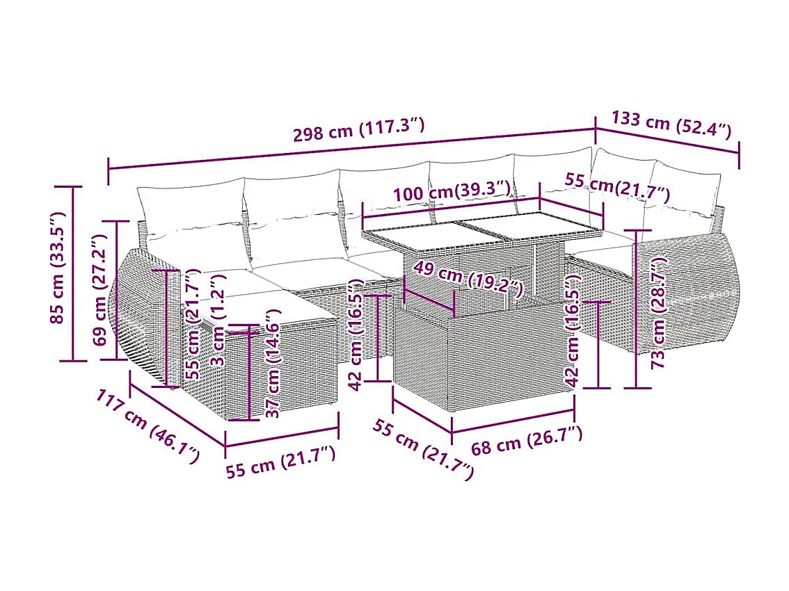 Salon de jardin 8 pcs avec coussins marron résine tressée