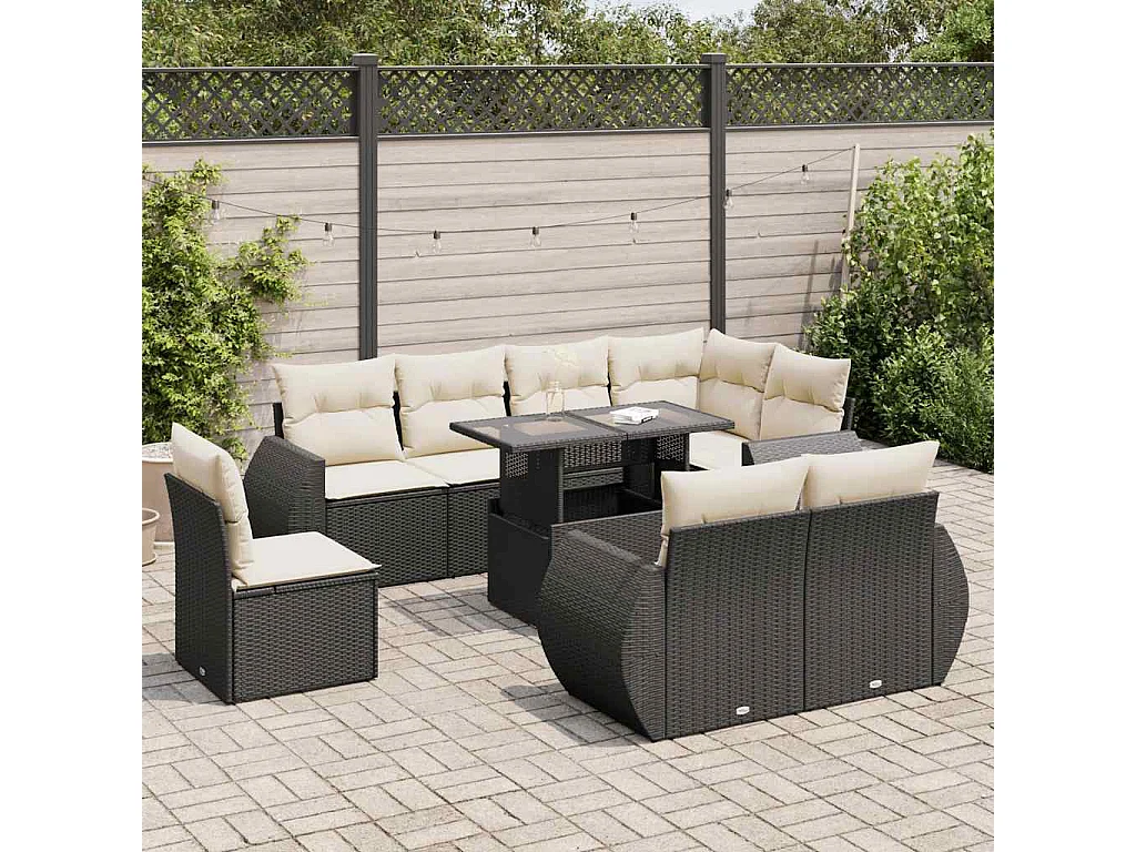 9-tlg. Garten-Sofagarnitur mit Kissen Schwarz Poly Rattan