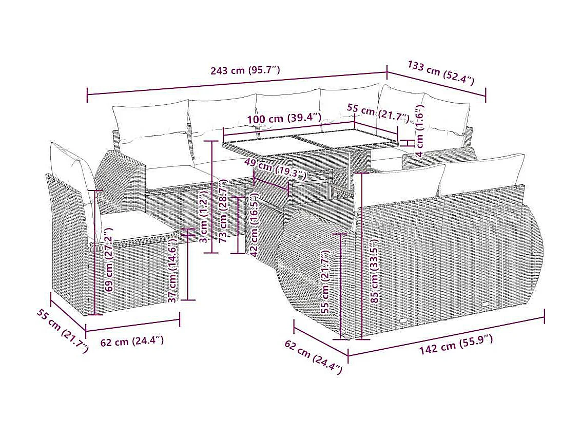 9-tlg. Garten-Sofagarnitur mit Kissen Schwarz Poly Rattan