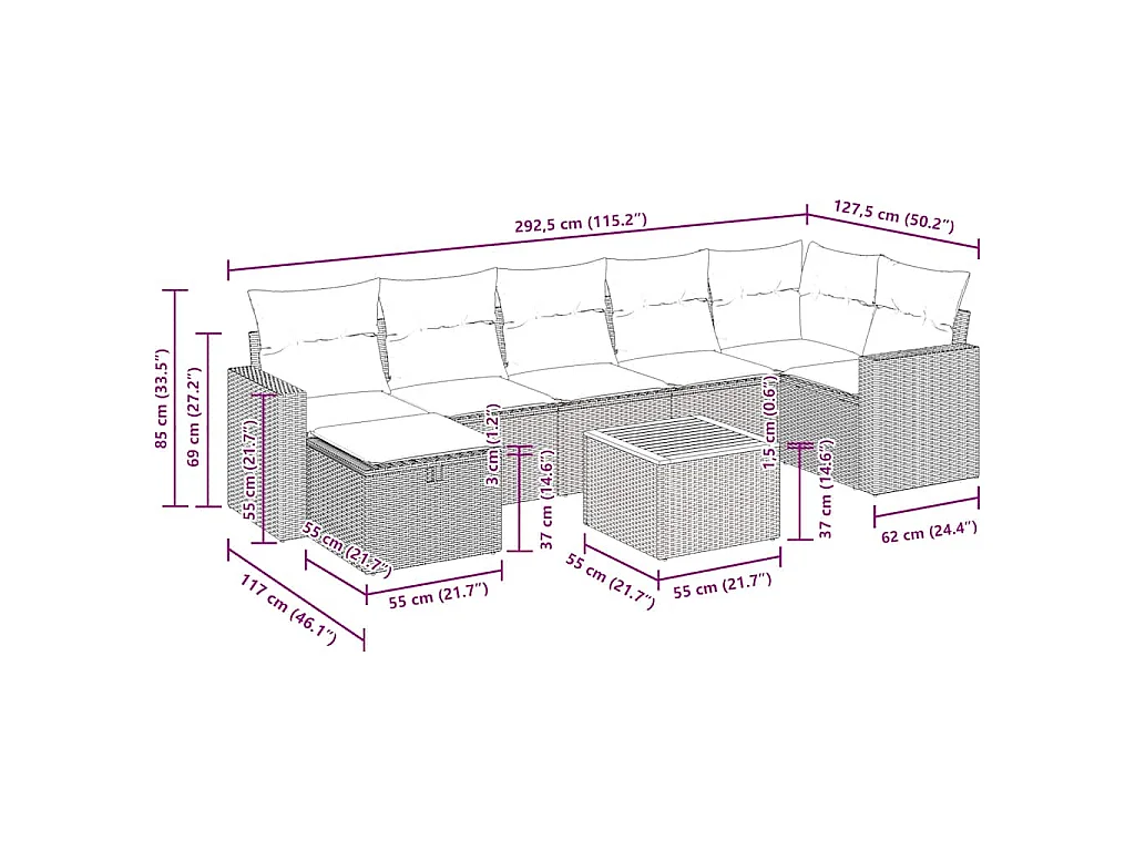 8-delige Loungeset met kussens poly rattan zwart