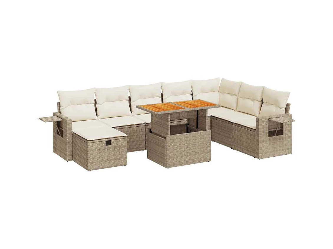 9-tlg. Garten-Sofagarnitur mit Kissen Beige Poly Rattan Akazie