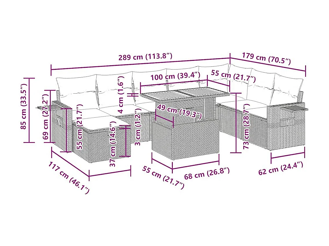 9 pcs conjunto sofás jardim com almofadões vime PE/acácia bege