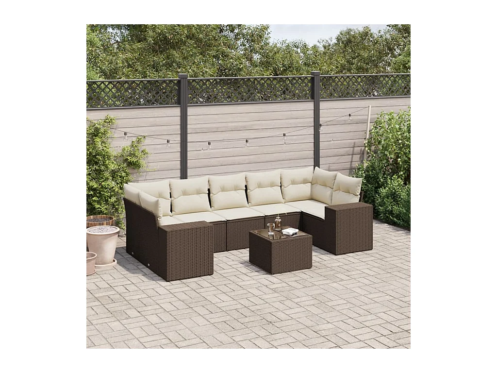 Salon de jardin 8 pcs avec coussins marron résine tressée