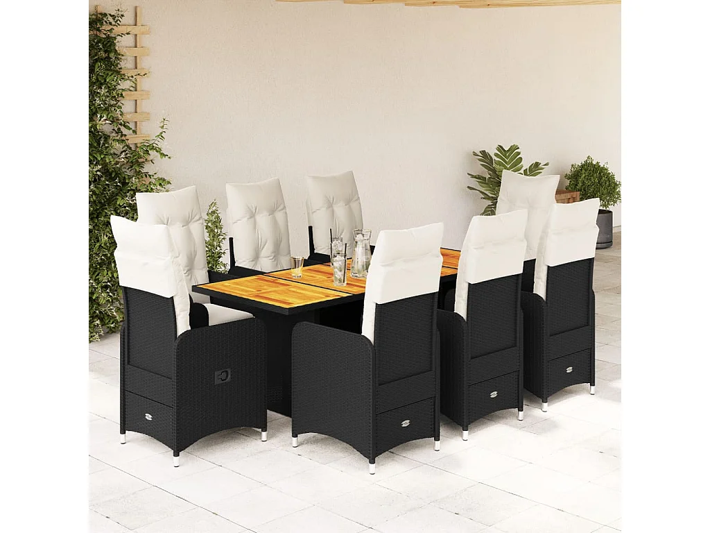 Ensemble de bistro de jardin 9 pcs coussins noir poly rotin