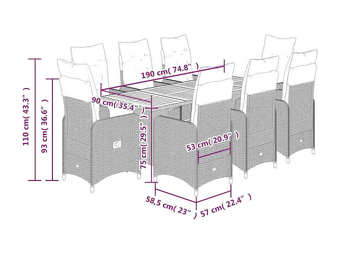 Ensemble de bistro de jardin 9 pcs coussins noir poly rotin