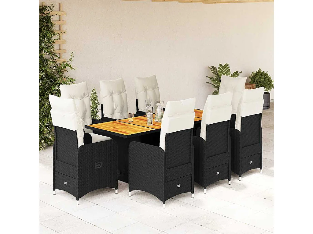 9-delige Bistroset met kussens poly rattan zwart