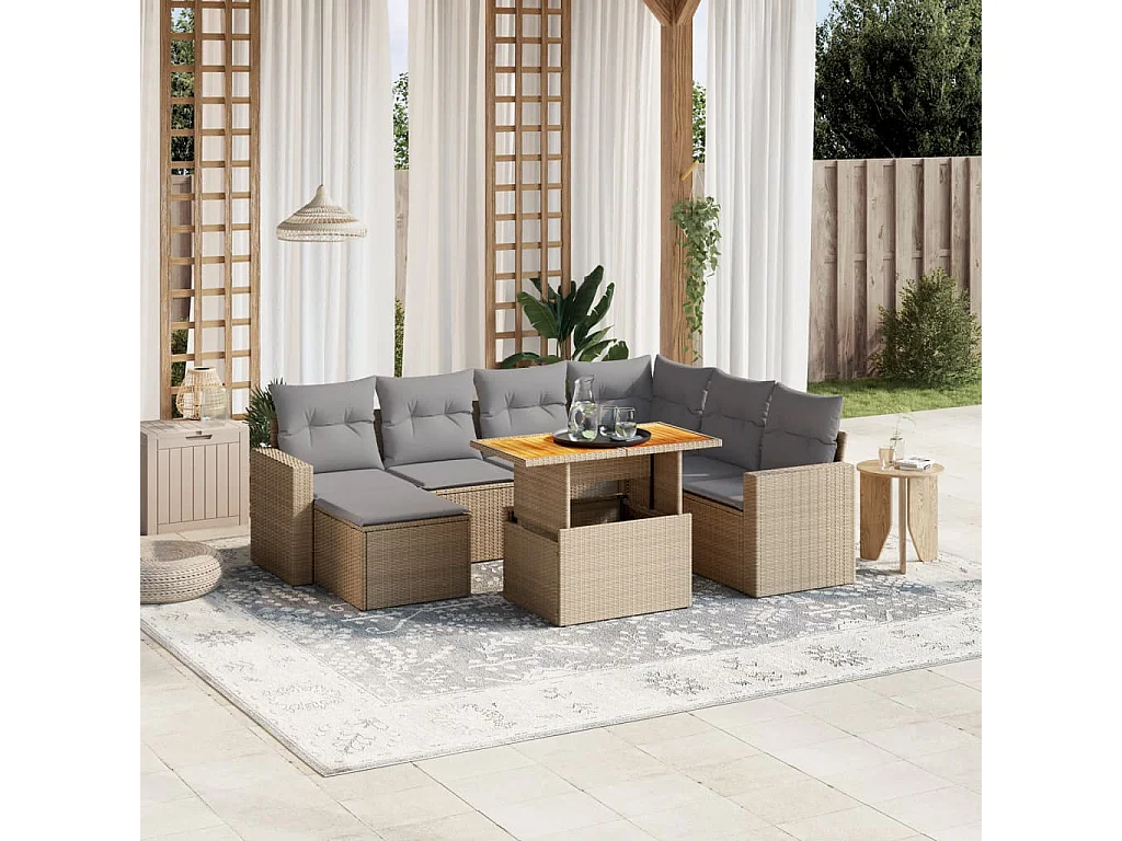 Salon de jardin avec coussins 8 pcs beige résine tressée