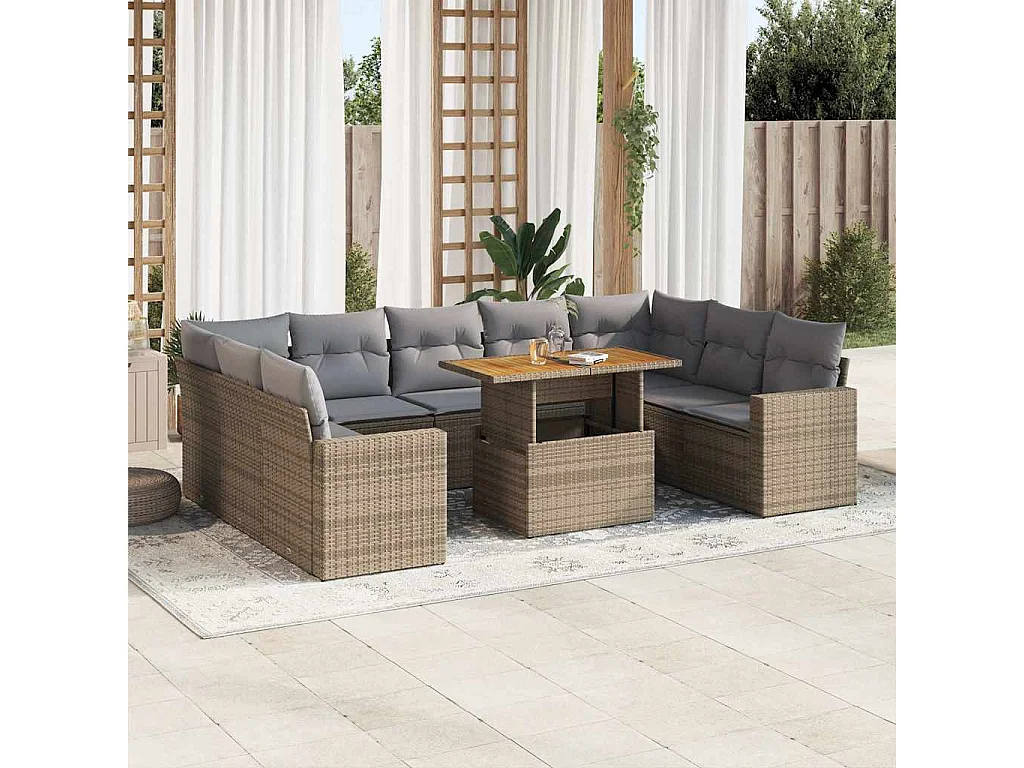 Juego de sofás jardín con cojines beige 10 pzas ratán sintético