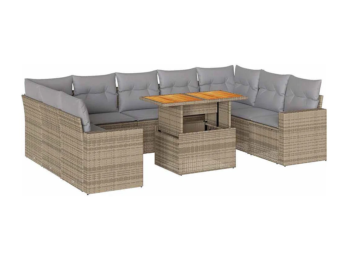 10-tlg. Garten-Sofagarnitur mit Kissen Beige Poly Rattan